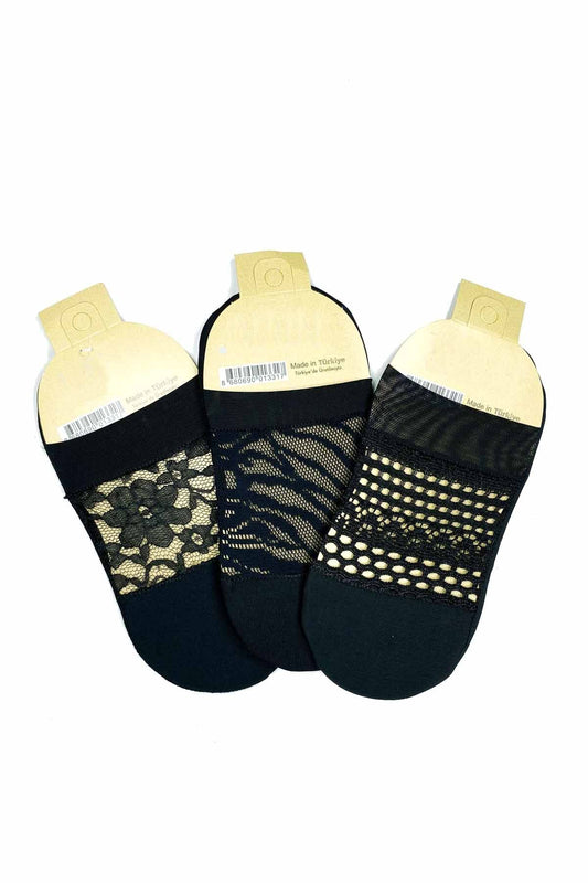 3 Stück vorne transparente Babette-Socken für Damen mit ausgefallenem Muster