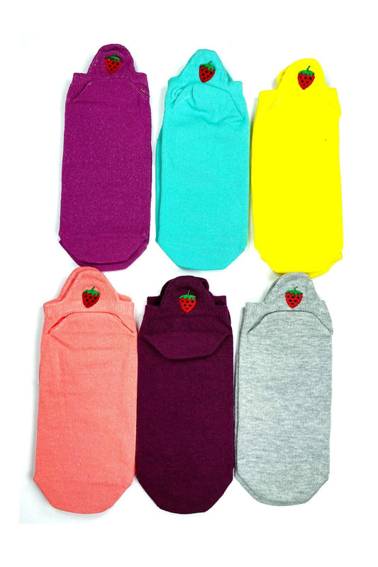 6 Paar weiche Damen-Handgelenksocken aus Baumwolle mit Erdbeerstickerei-Aufdruck
