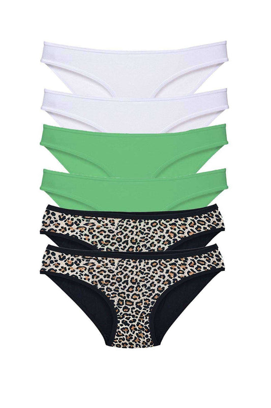 6 Pieces Lycra Women's Slip Briefs Leopard White Green Piamoda