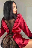 Back Lace Neckline Satin Bathrobe Nightgown Set Red Piamoda