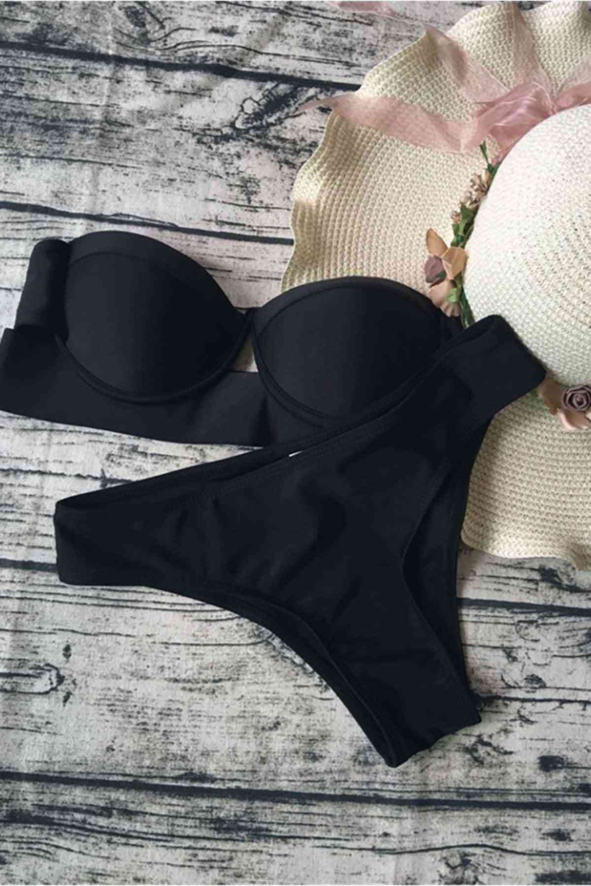 Black Strapless Bikini Set Women Swimwear Swimsuit