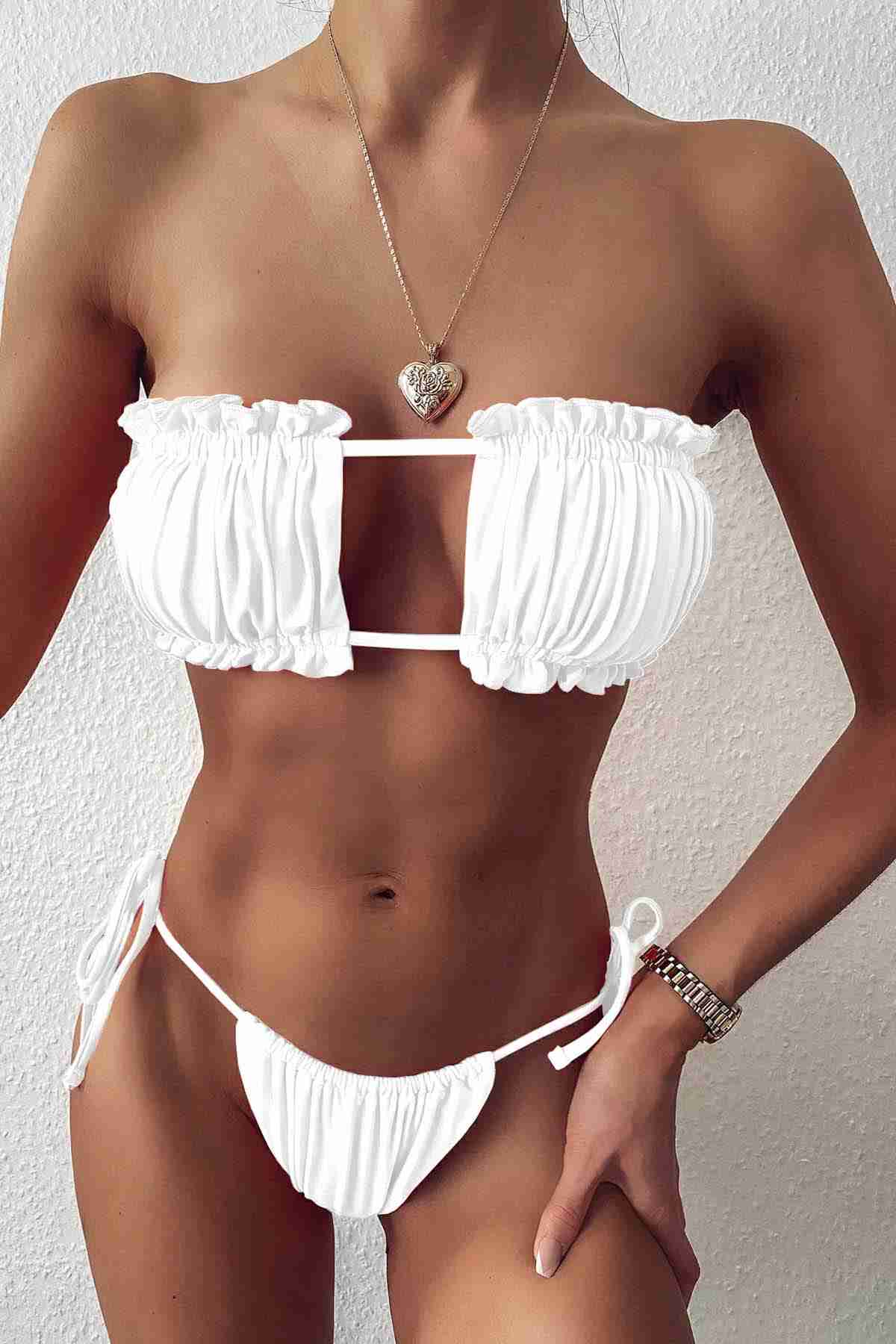 Brazilian Pattern Drawstring Tie Bikini Bottom White Piamoda