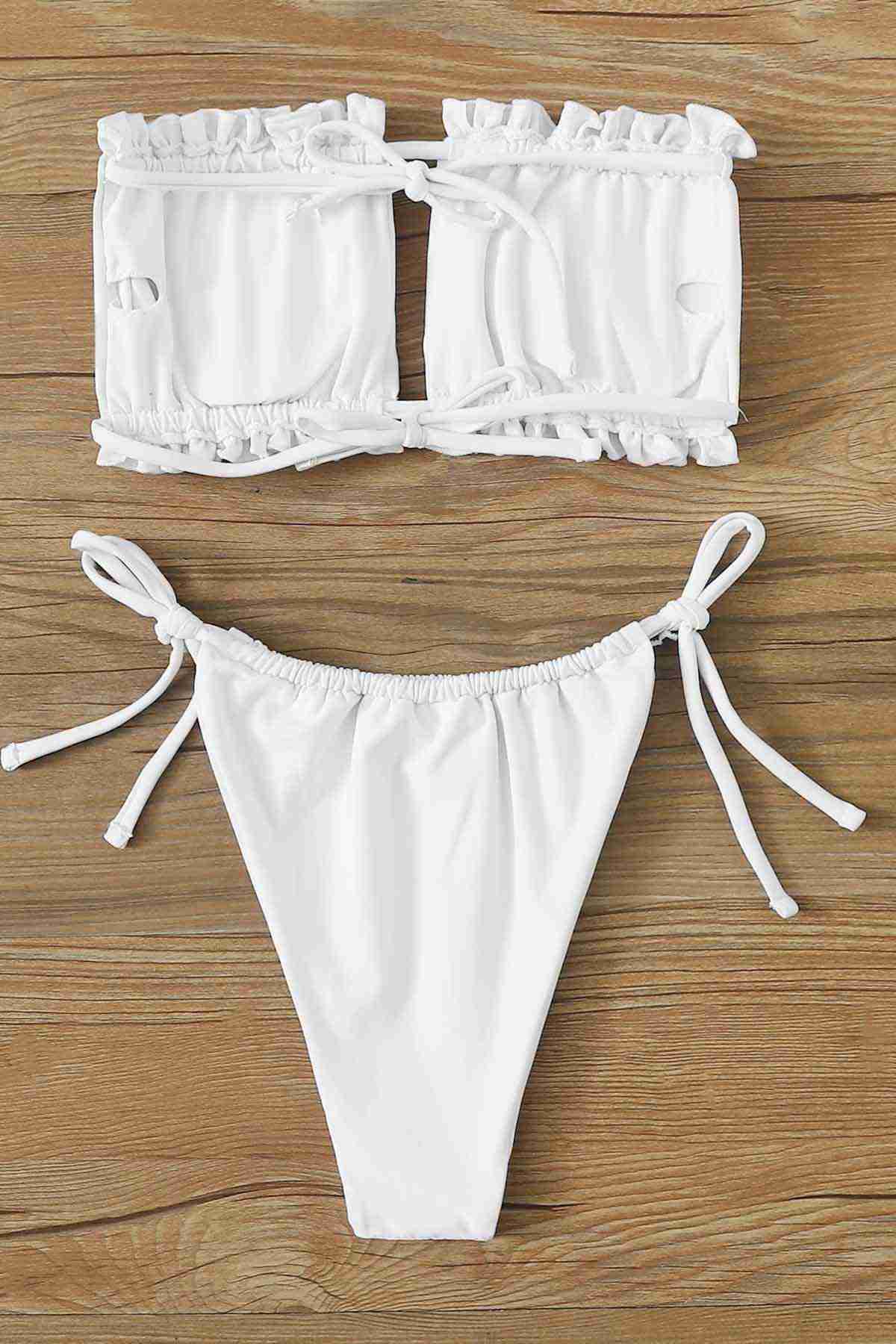 Brazilian Pattern Drawstring Tie Bikini Bottom White Piamoda