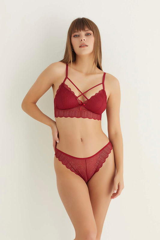 Burgundy Backed Cross Lace Bralet Suit 5527