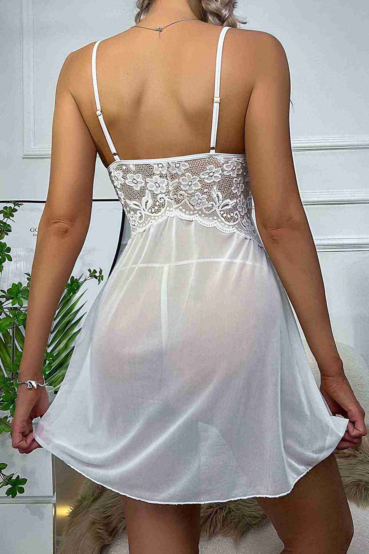 Chic Lace Nightgown White with Leg Neckline on the sides