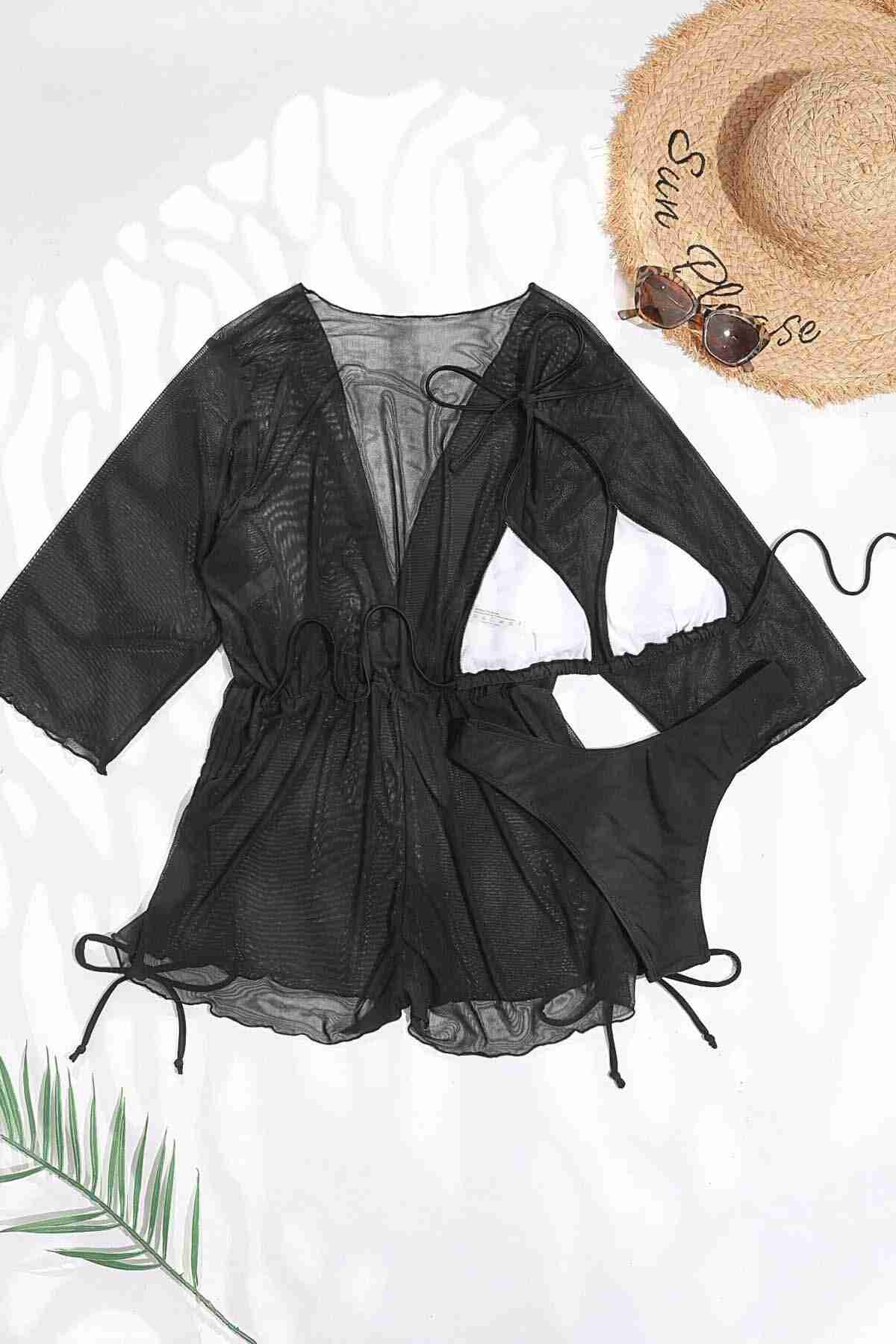Chiffon Pareo Beach Dress Cover Up Kimono Black Piamoda