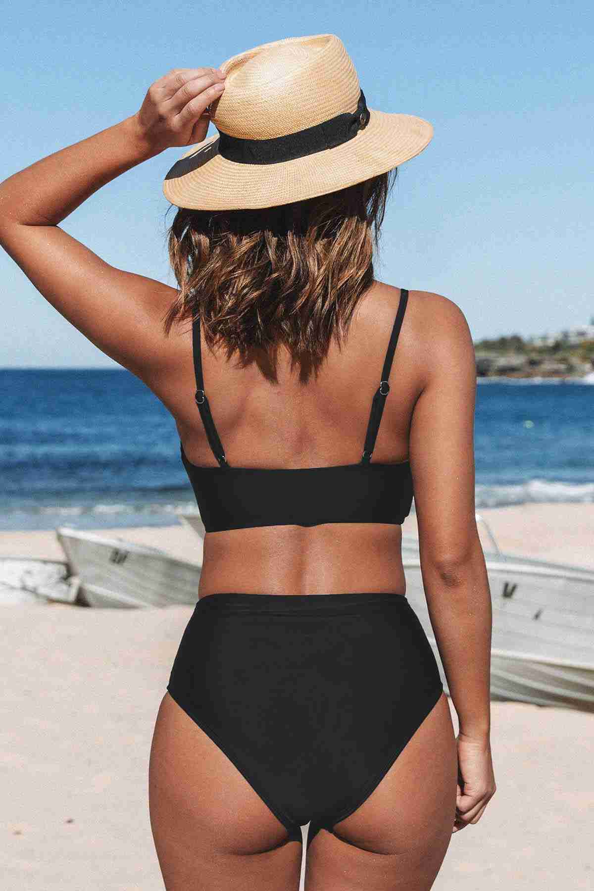 Custom Design Front Plunge High Waist Bikini Suit Black Piamoda