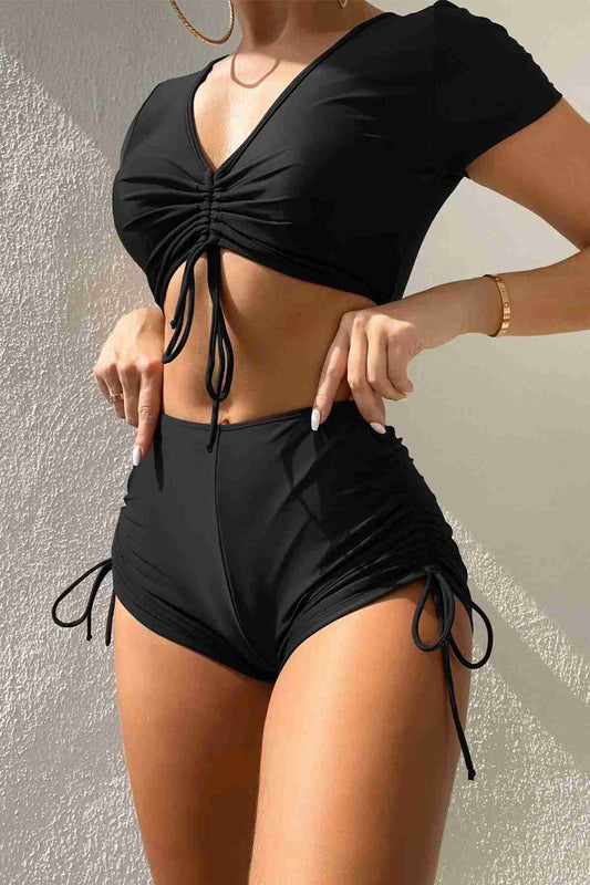 Custom Design Half Sleeve Ruffle Detailed Bikini Suit Black Piamoda