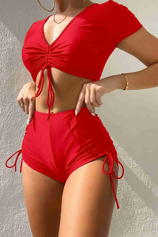 Custom Design Half Sleeve Ruffle Detailed Bikini Suit Red Piamoda