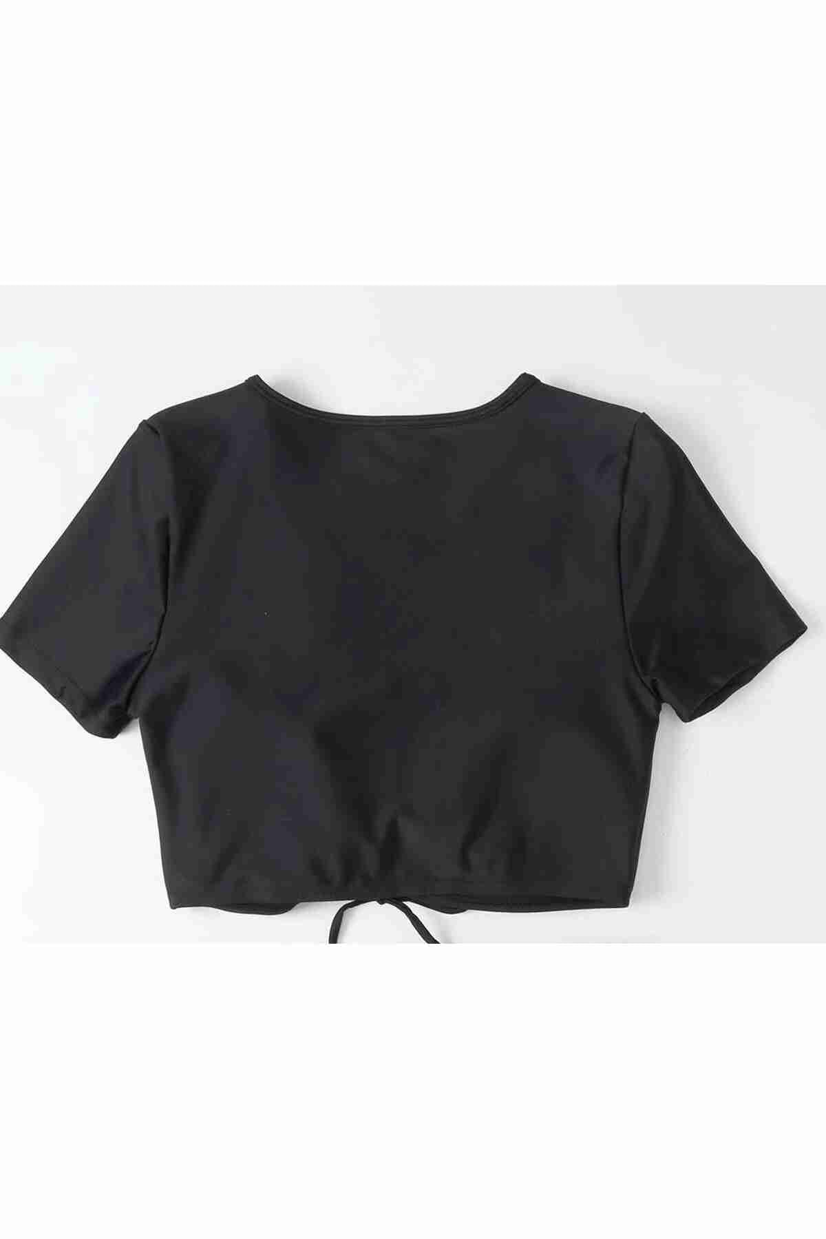 Custom Design Half Sleeve Ruffle Detailed Bikini Top Black Piamoda