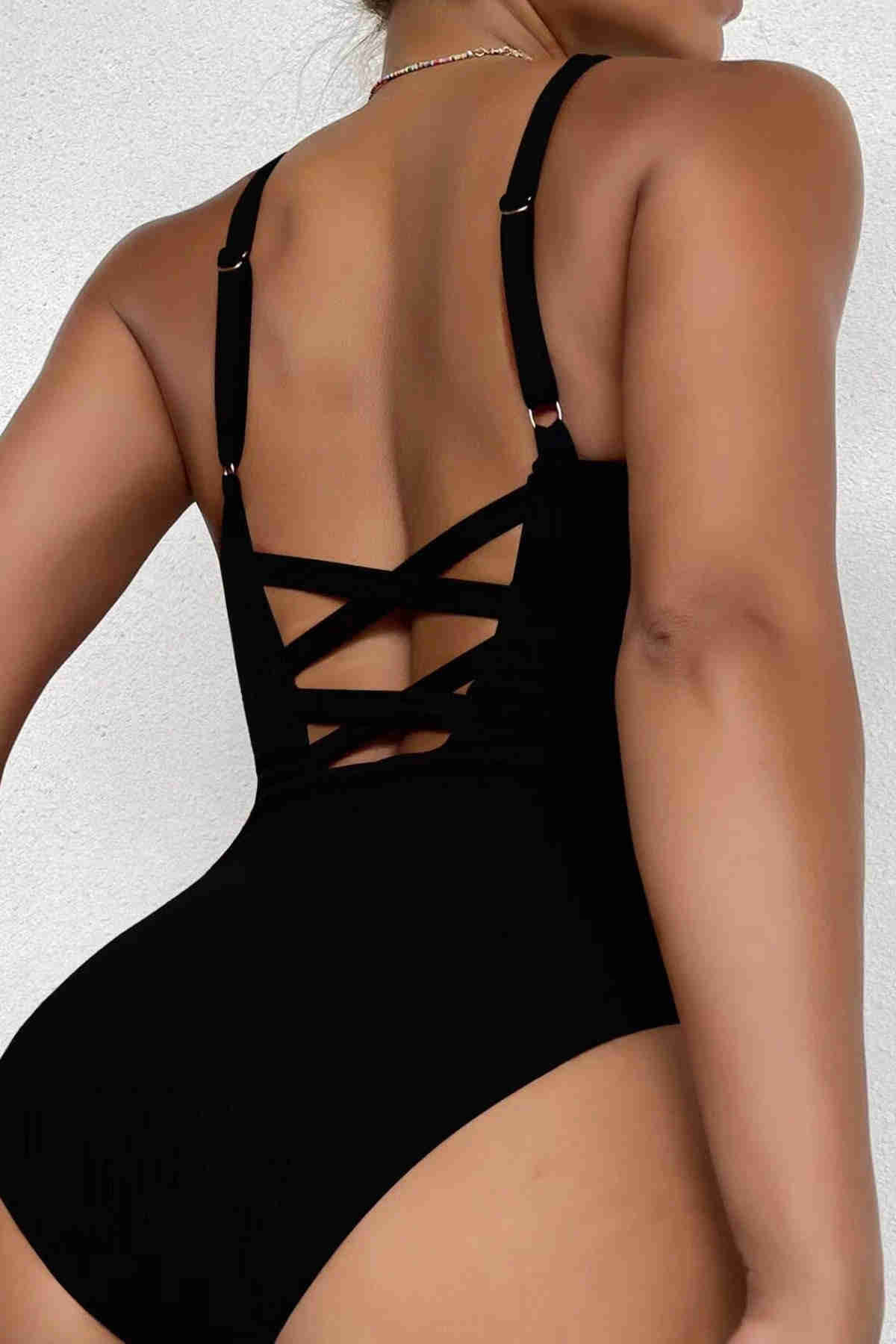 Custom Fabric Cross Back Neckline Swimsuit Swimsuit Black Piamoda