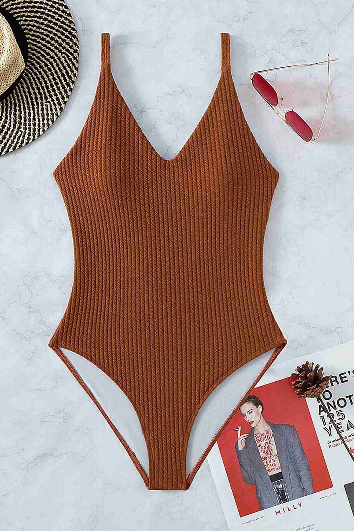 Custom Fabric Cross Back Neckline Swimsuit Swimsuit Brown Piamoda