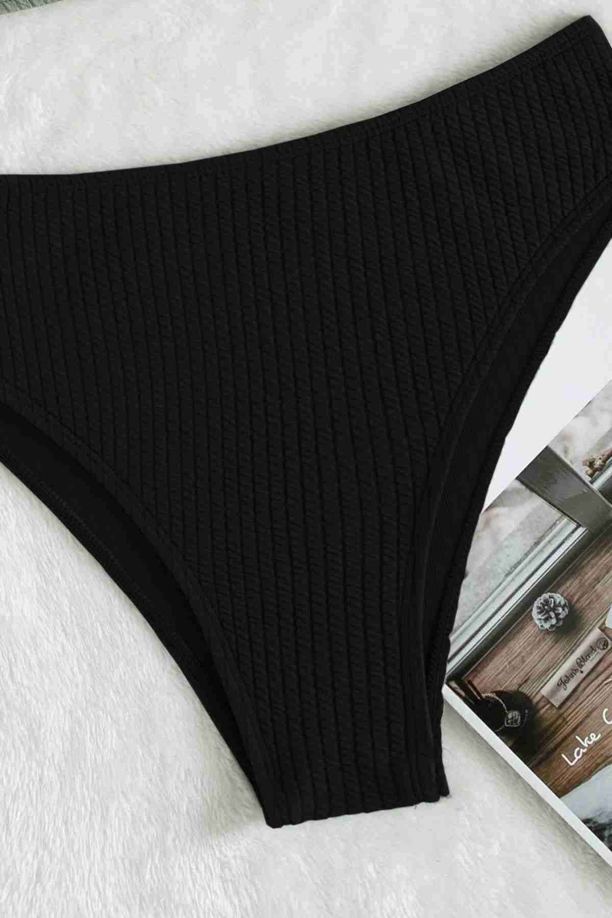 Custom Ribbed Fabric High Waist Bikini Bottom Black Piamoda