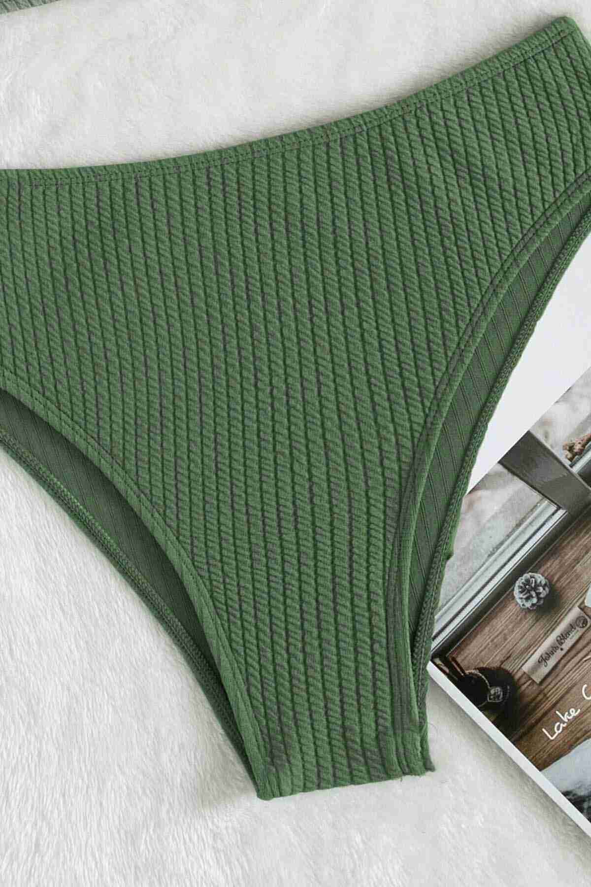Custom Ribbed Fabric High Waist Bikini Bottom Green Piamoda