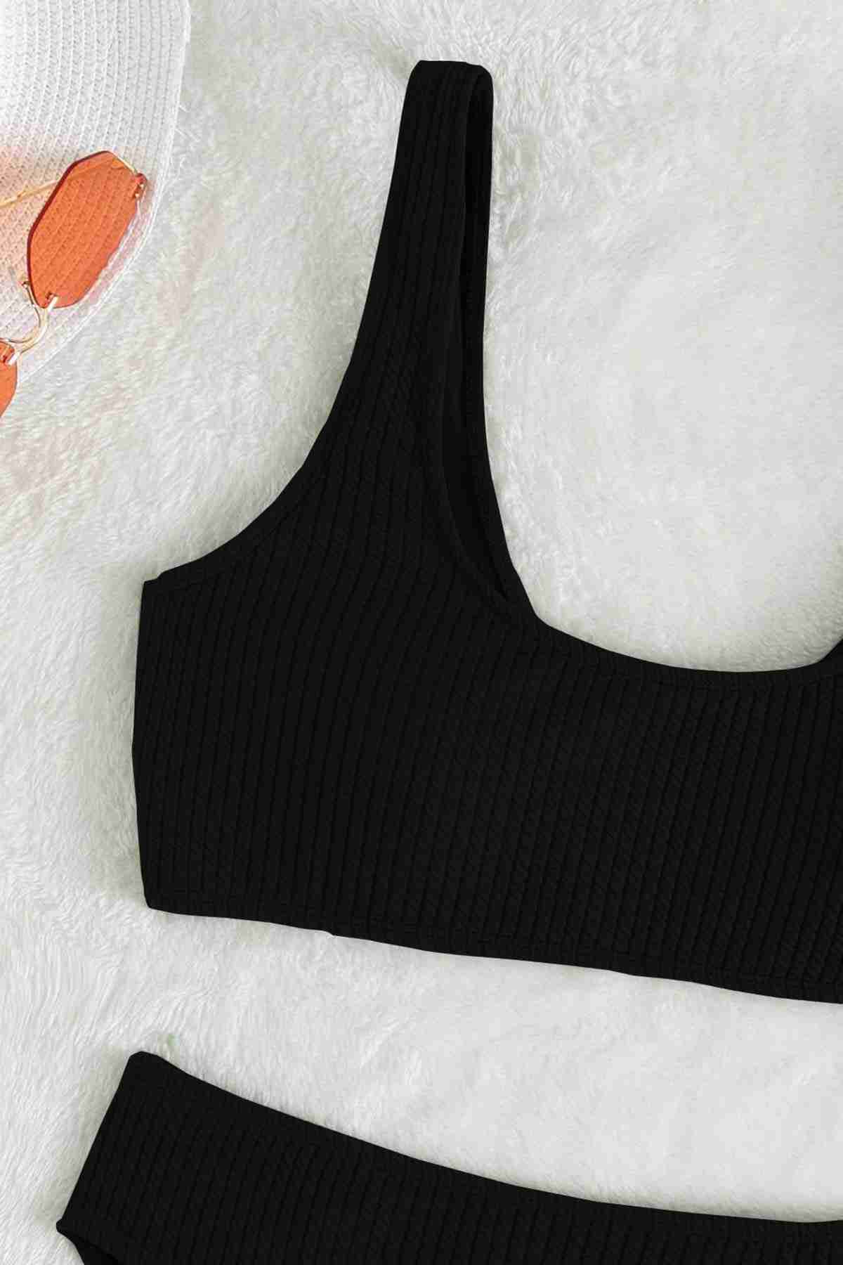 Custom Ribbed Fabric High Waist Tankini Bikini Suit Black Piamoda