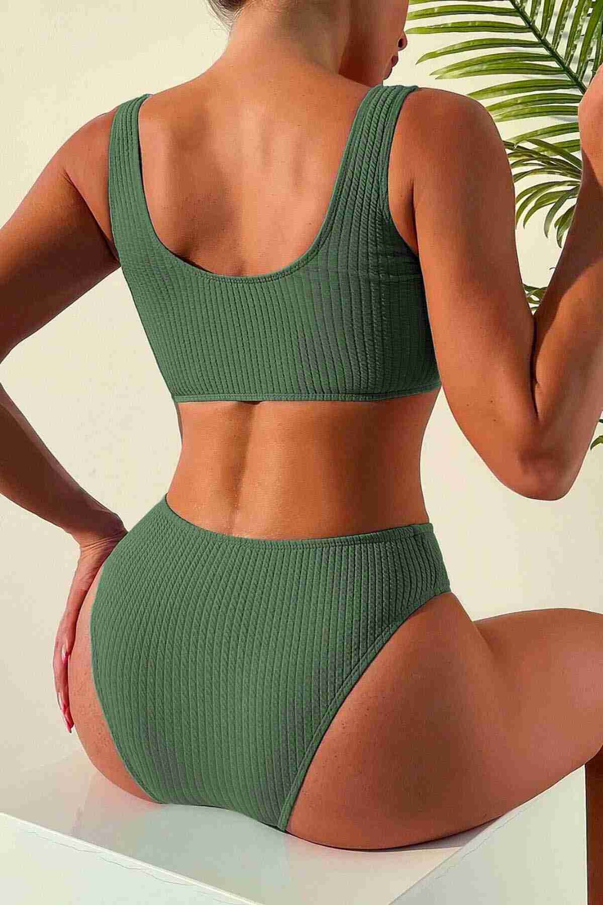 Custom Ribbed Fabric High Waist Tankini Bikini Suit Green Piamoda