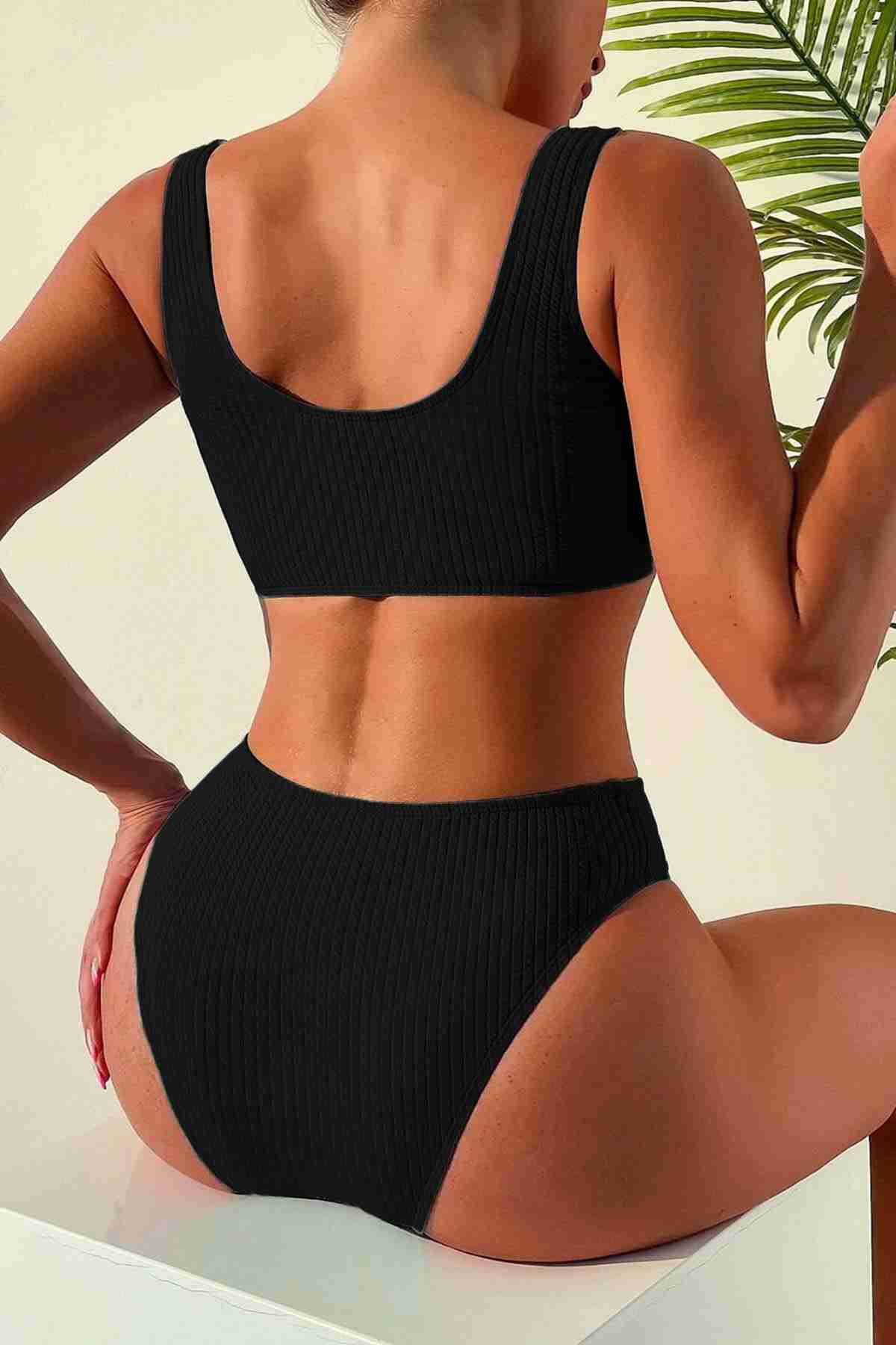 Custom Ribbed Fabric Tankini Bikini Top Black Piamoda