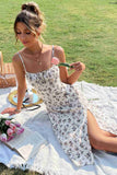 Floral Pattern Strappy Slit Midi Knee-Length Dress Multicolor