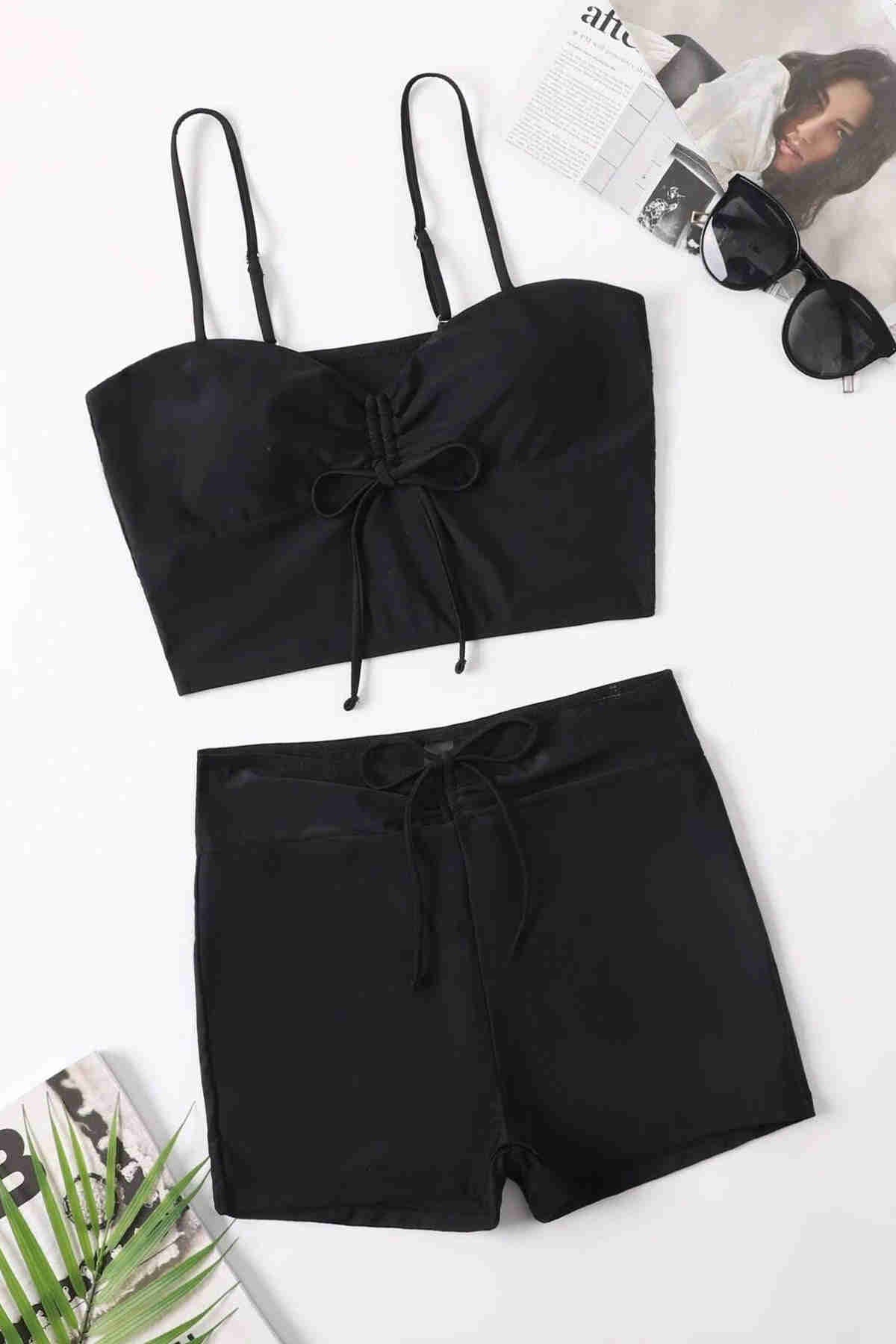 Front Adjustable Ruffle Marine Shorts Tankini Bikini Suit Black Piamoda
