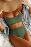 High Waist Custom Fabric Tankini Bikini Suit Green Piamoda
