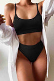 High Waist Ribbed Fabric Tankini Bikini Suit Black Piamoda