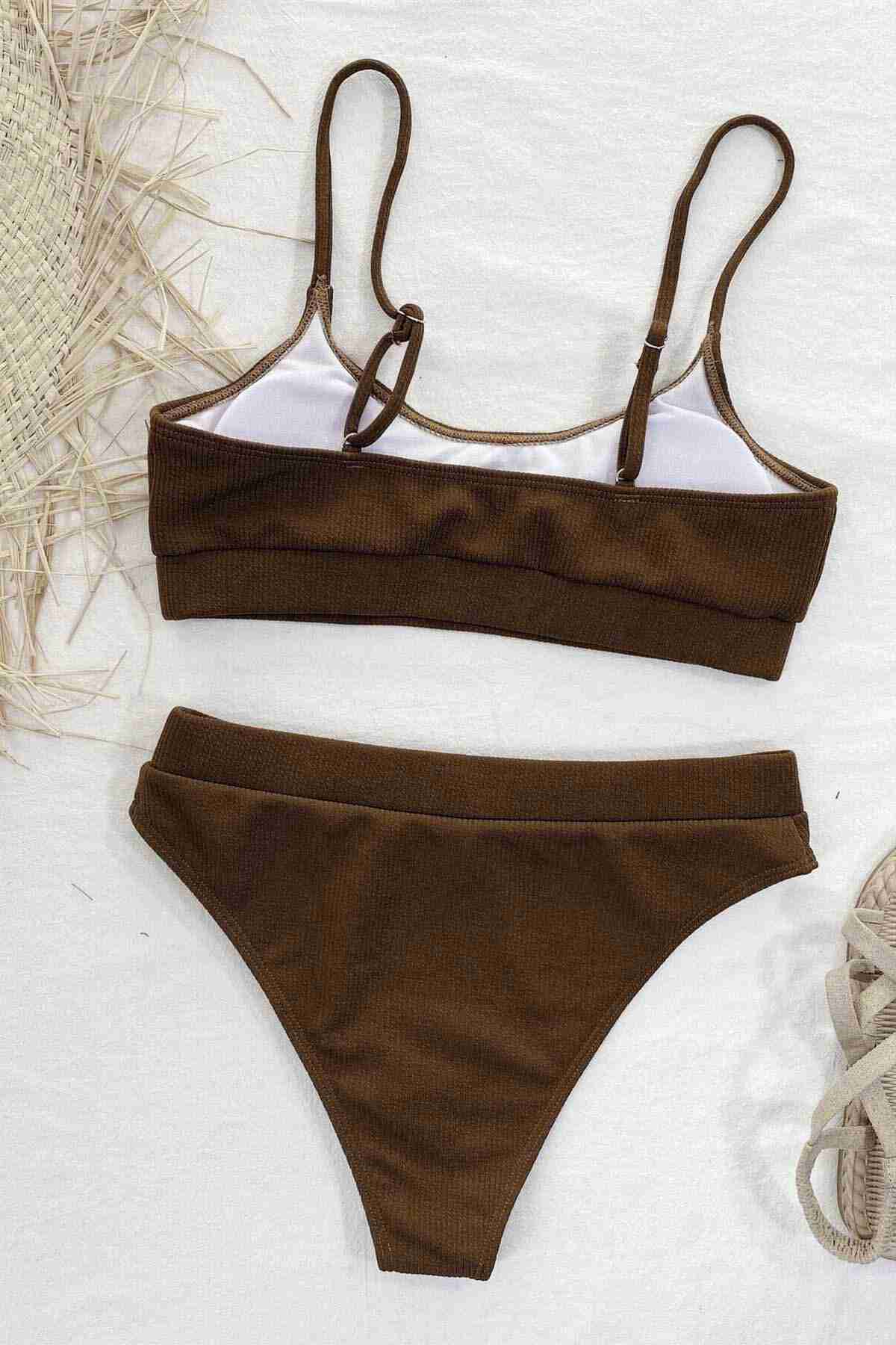 High Waist Ribbed Fabric Tankini Bikini Suit Brown Piamoda