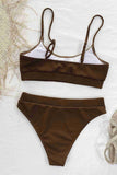 High Waist Ribbed Fabric Tankini Bikini Suit Brown Piamoda