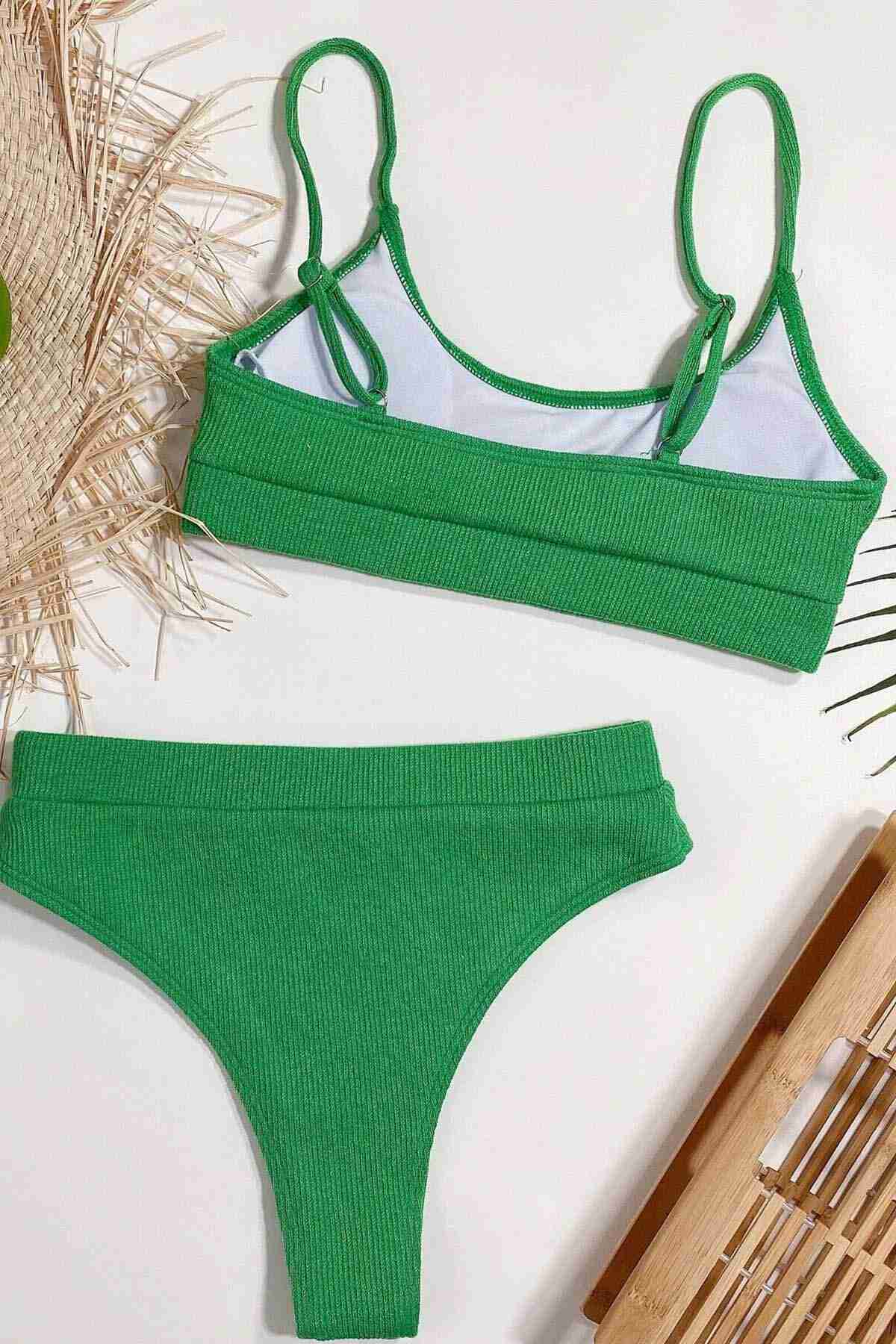 High Waist Ribbed Fabric Tankini Bikini Top Green Piamoda