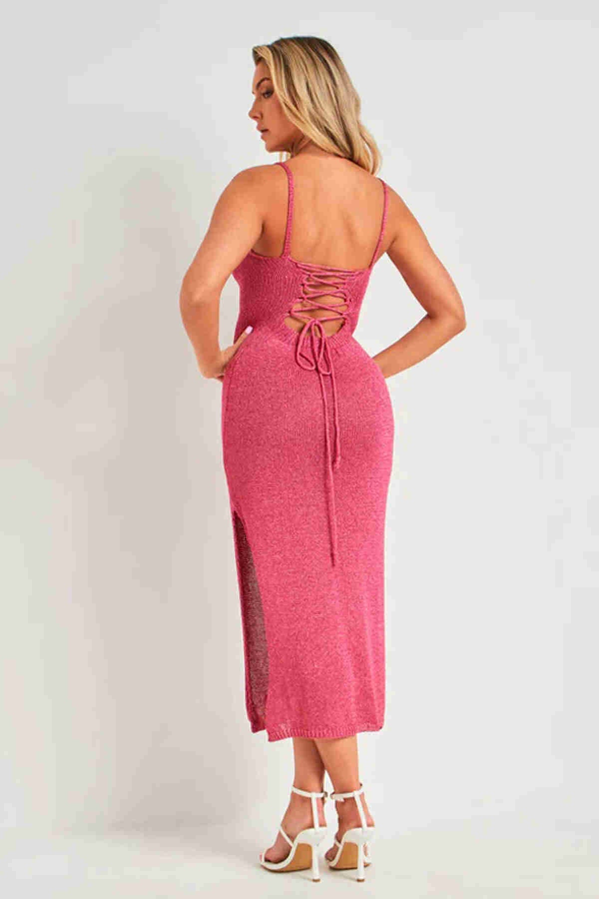 Knitted Knitted Dress With Back Neckline Tie Up Knit Knit Dress Pink