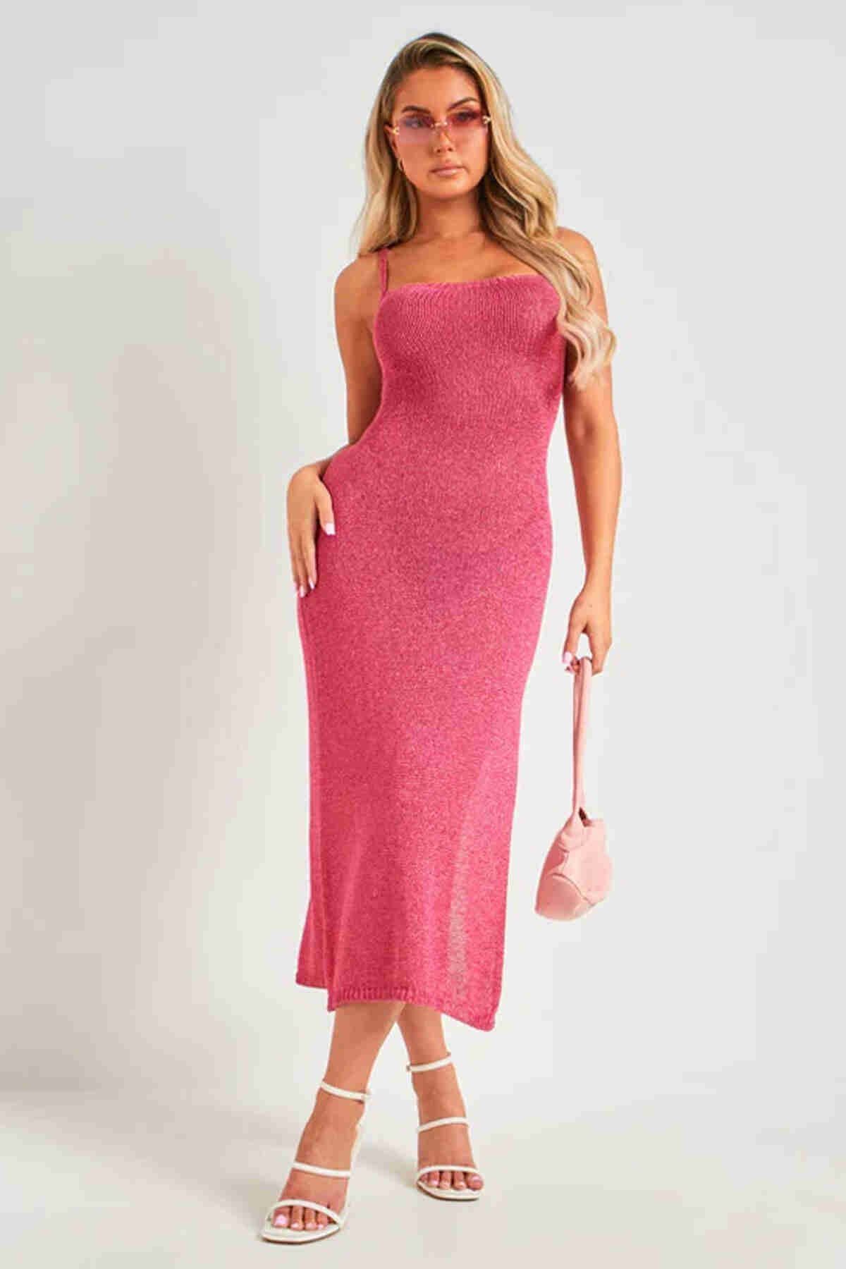 Knitted Knitted Dress With Back Neckline Tie Up Knit Knit Dress Pink