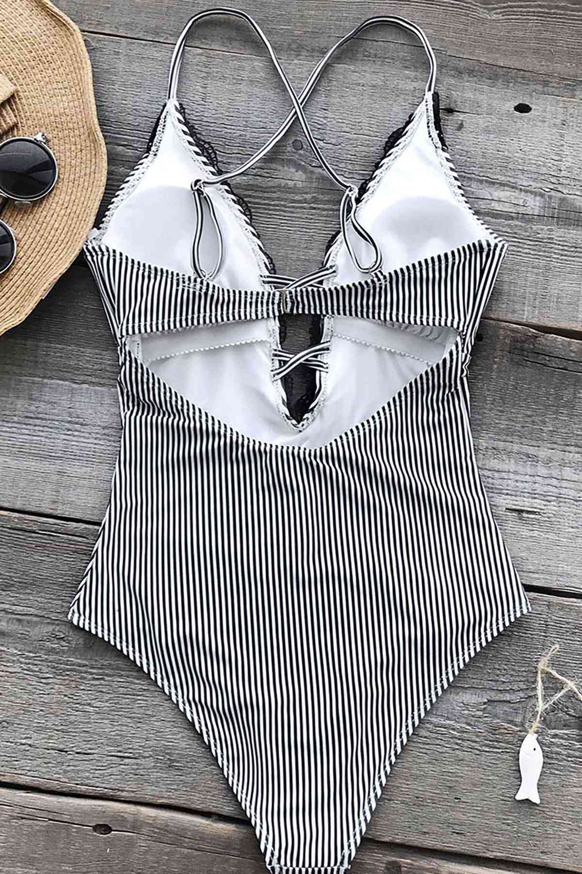 Lace Detail Black White Swimsuit