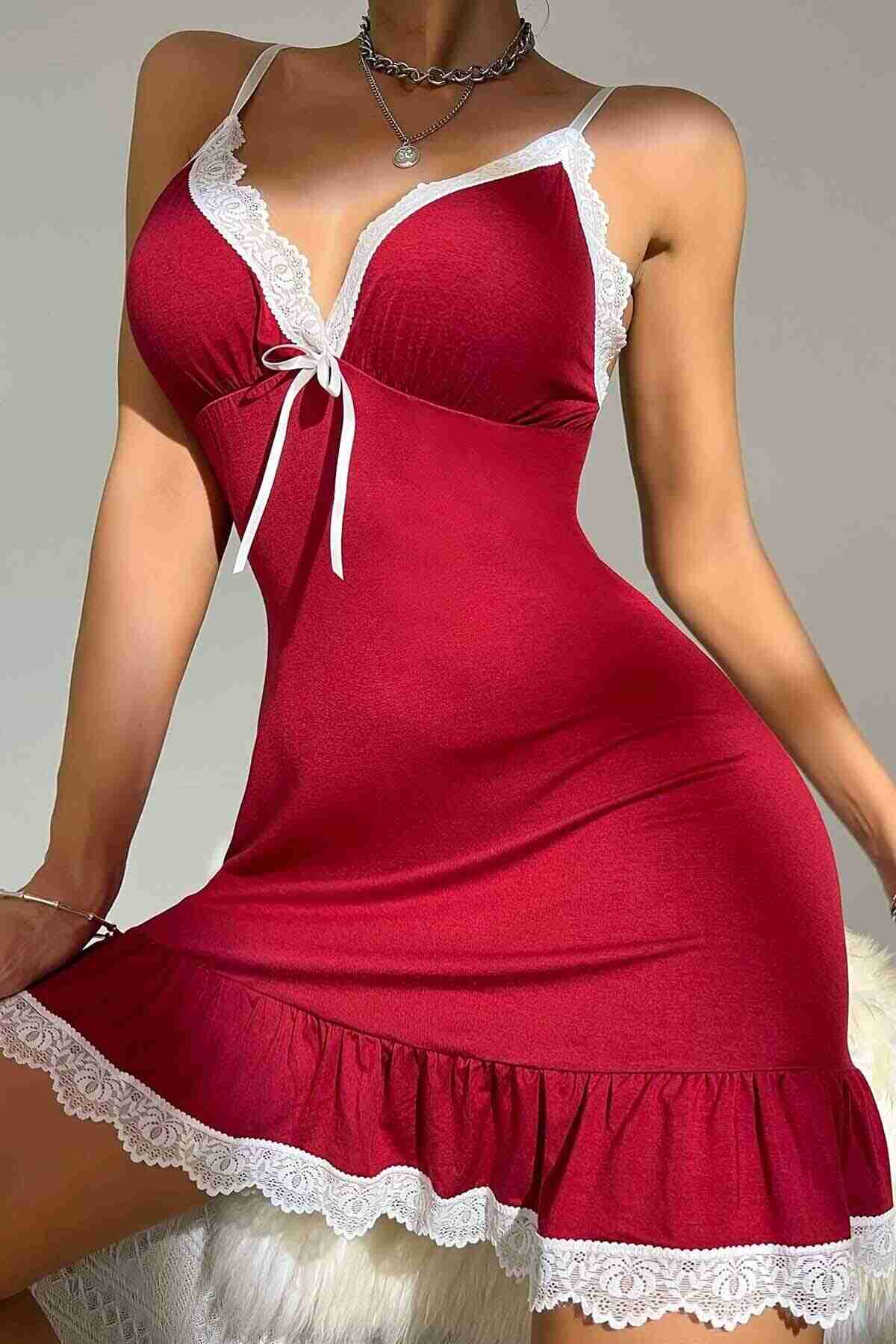 Lace Embroidery Skirt Ruffle Combed Nightgown Red