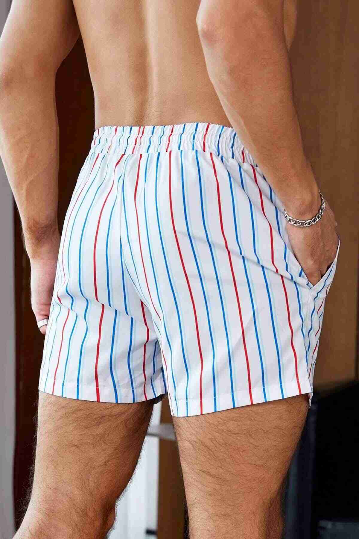 Men's Basic Standard Size Color Striped Printed Swimsuit Pocket Marine Shorts White Piamoda