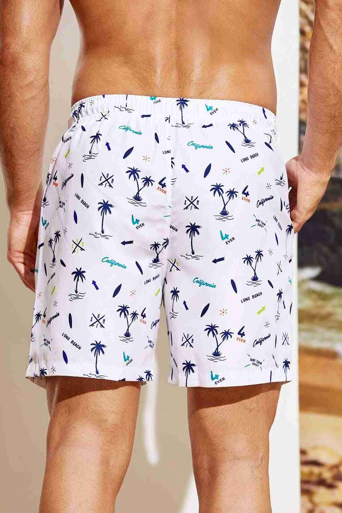 Men's Basic Standard Size Palm Printed Swimsuit Pocket Marine Shorts White Piamoda