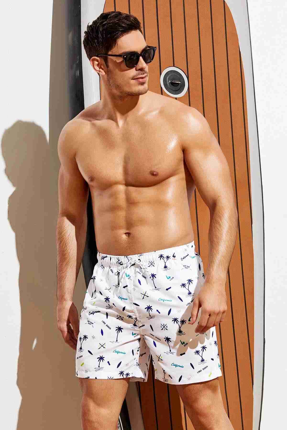 Men's Basic Standard Size Palm Printed Swimsuit Pocket Marine Shorts White Piamoda