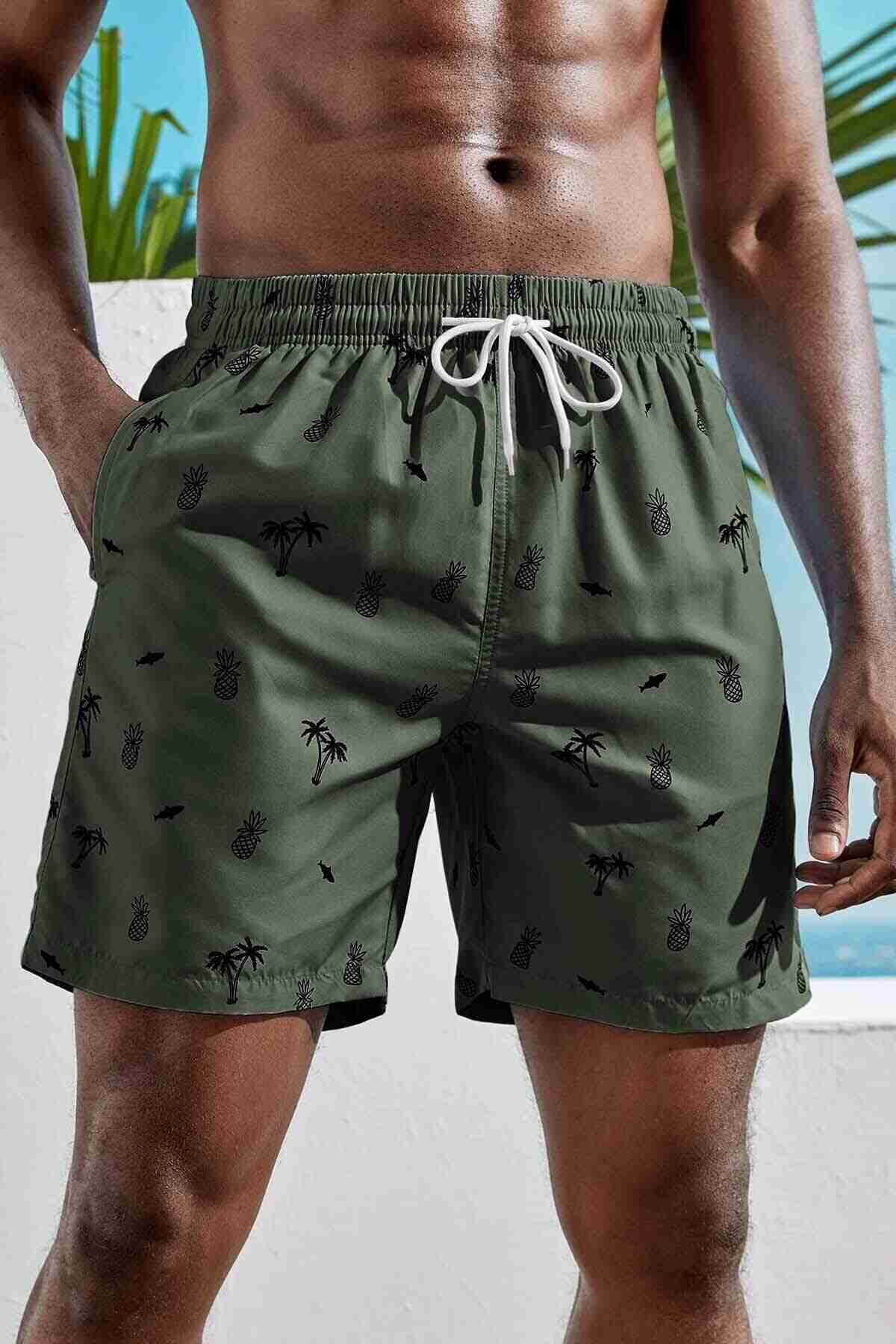 Men's Basic Standard Size Pineapple And Palm Printed Swimsuit Pocket Marine Shorts Green Piamoda