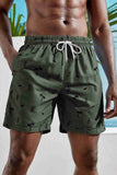 Men's Basic Standard Size Pineapple And Palm Printed Swimsuit Pocket Marine Shorts Green Piamoda