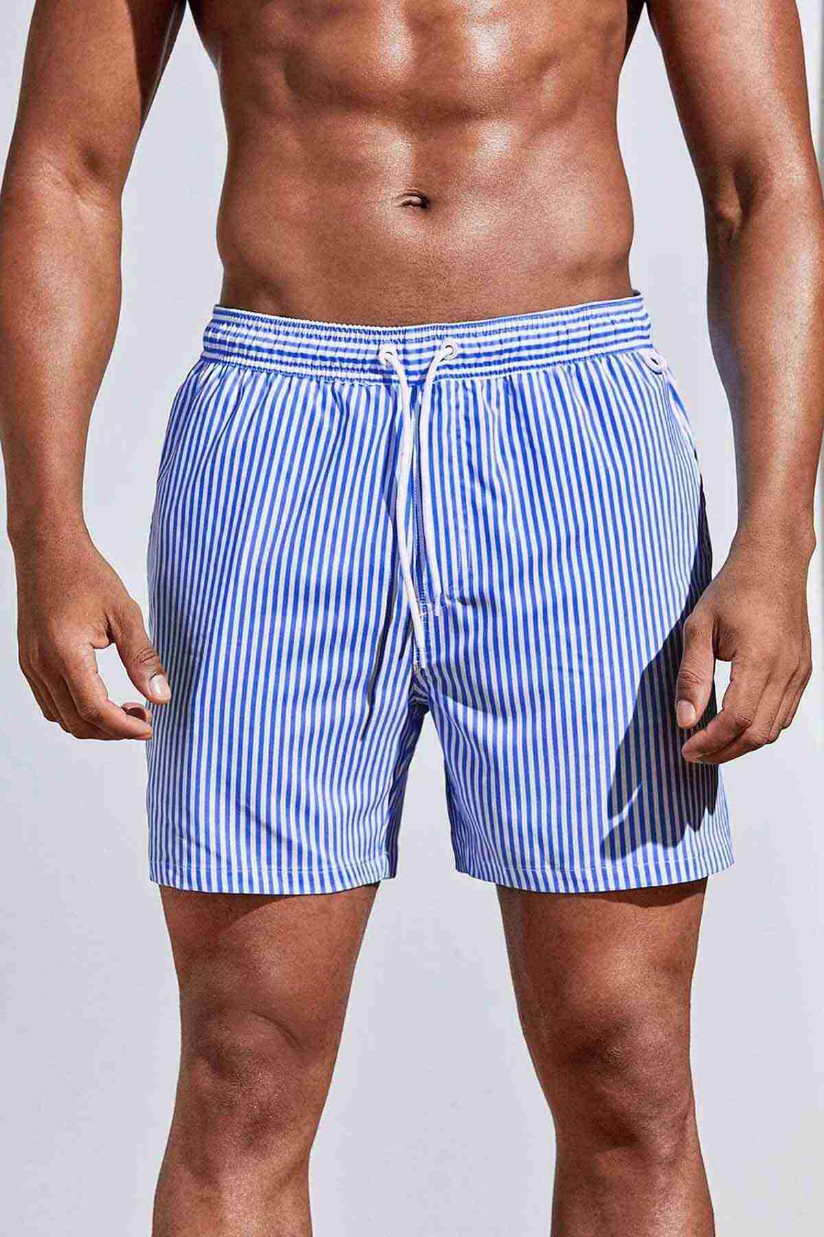 Men's Basic Standard Size Slim Striped Printed Swimsuit Pocket Marine Shorts Blue Piamoda