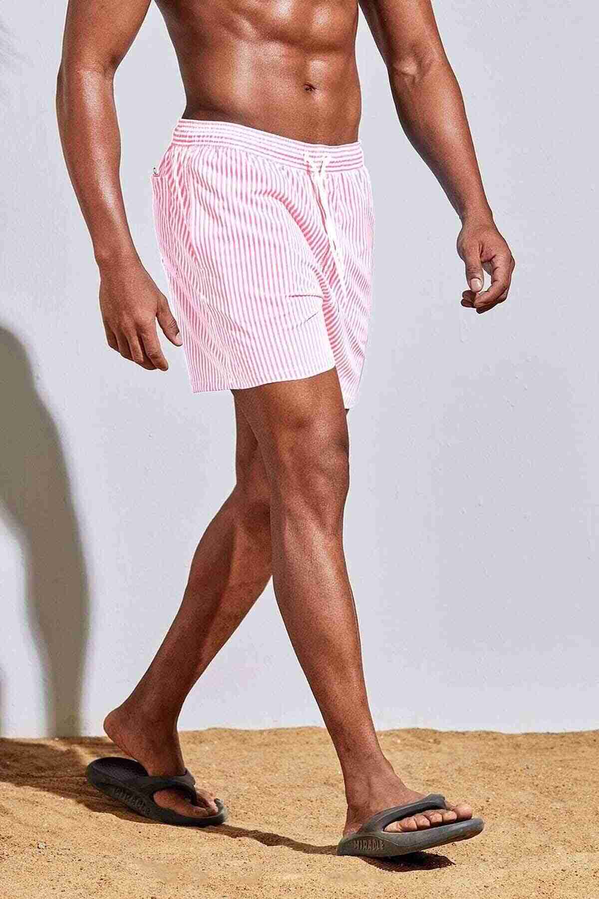 Men's Basic Standard Size Slim Striped Printed Swimsuit Pocket Marine Shorts Pink Piamoda