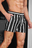 Men's Basic Standard Size Striped Printed Swimsuit Pocket Marine Shorts Black Piamoda