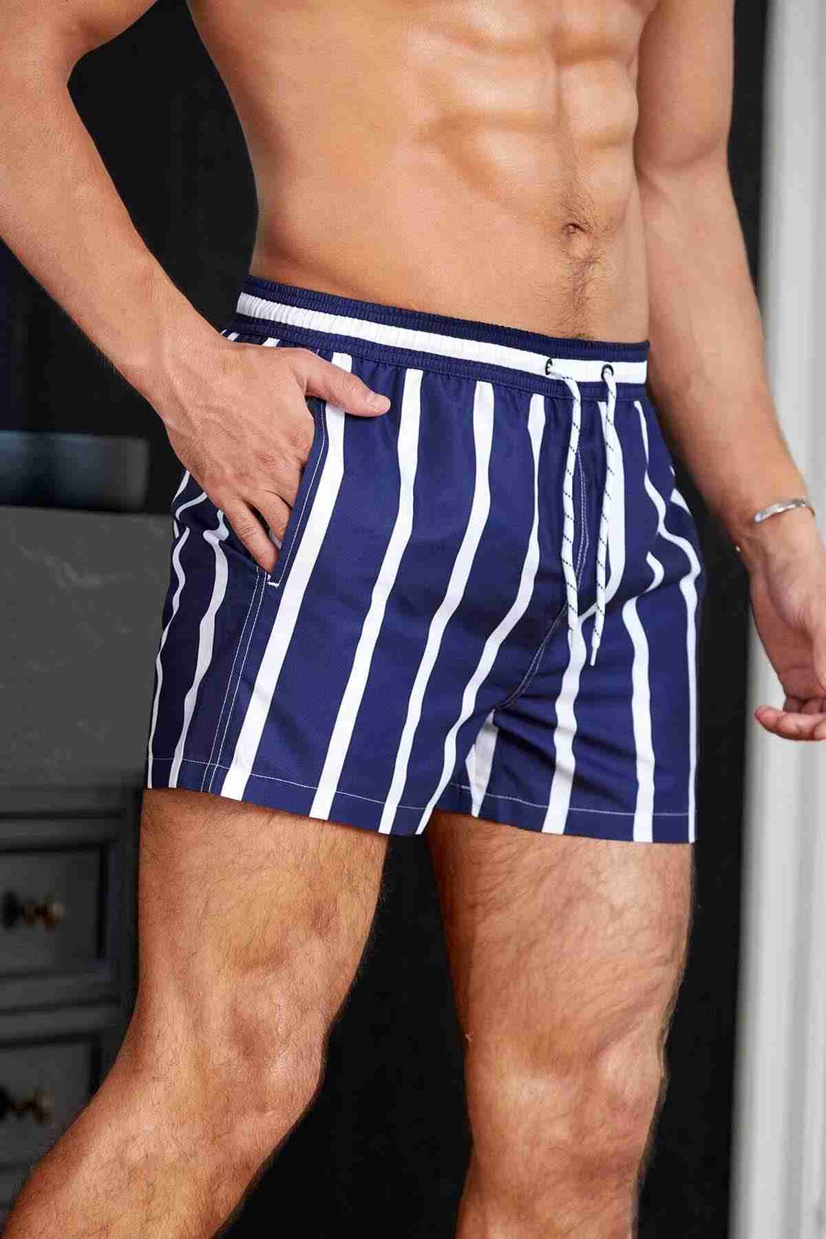 Men's Basic Standard Size Striped Printed Swimsuit Pocket Marine Shorts Blue Piamoda