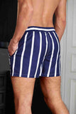 Men's Basic Standard Size Striped Printed Swimsuit Pocket Marine Shorts Blue Piamoda