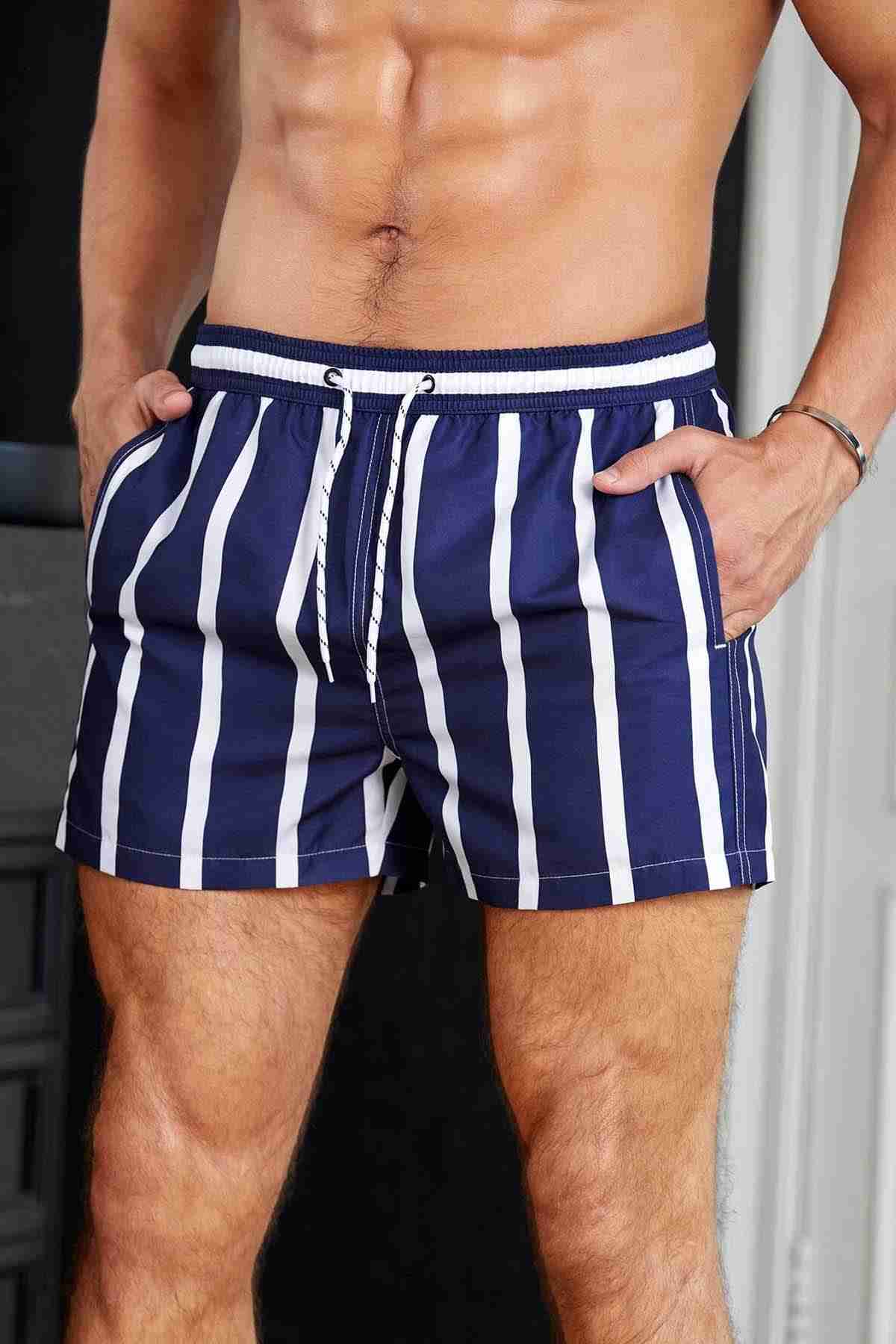 Men's Basic Standard Size Striped Printed Swimsuit Pocket Marine Shorts Blue Piamoda