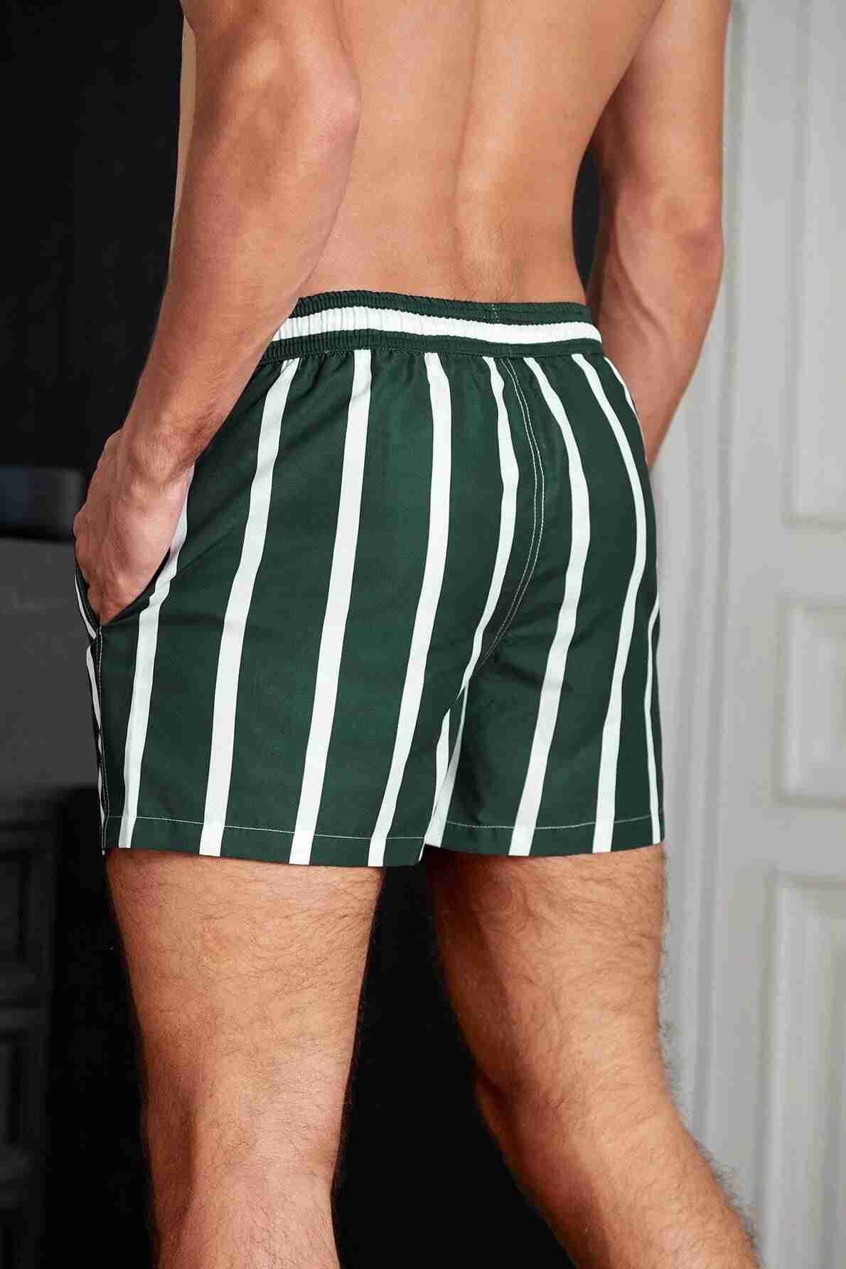Men's Basic Standard Size Striped Printed Swimsuit Pocket Marine Shorts Green Piamoda