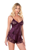 Pflaumenfarbenes Babydoll-Shorts-Set aus Satin