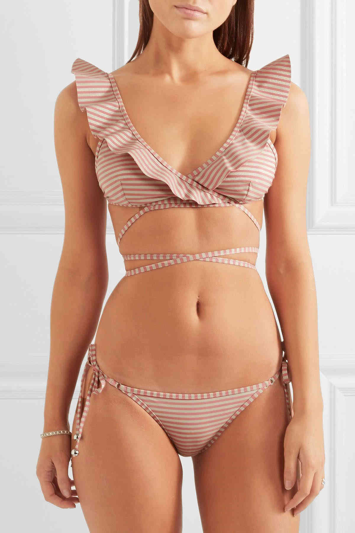 Ruffle Striped Bikini Set Women Swimwear Swimsuit