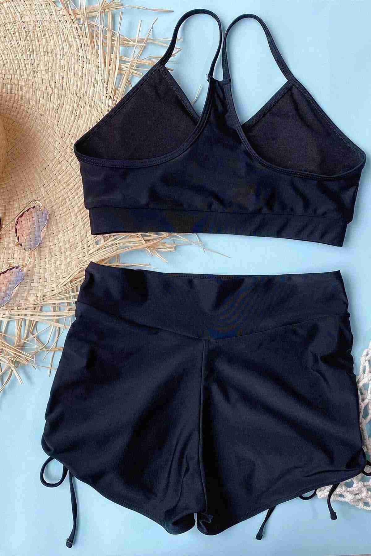 Side Adjustable Ruffle Marine Shorts Tankini Bikini Suit Black Piamoda