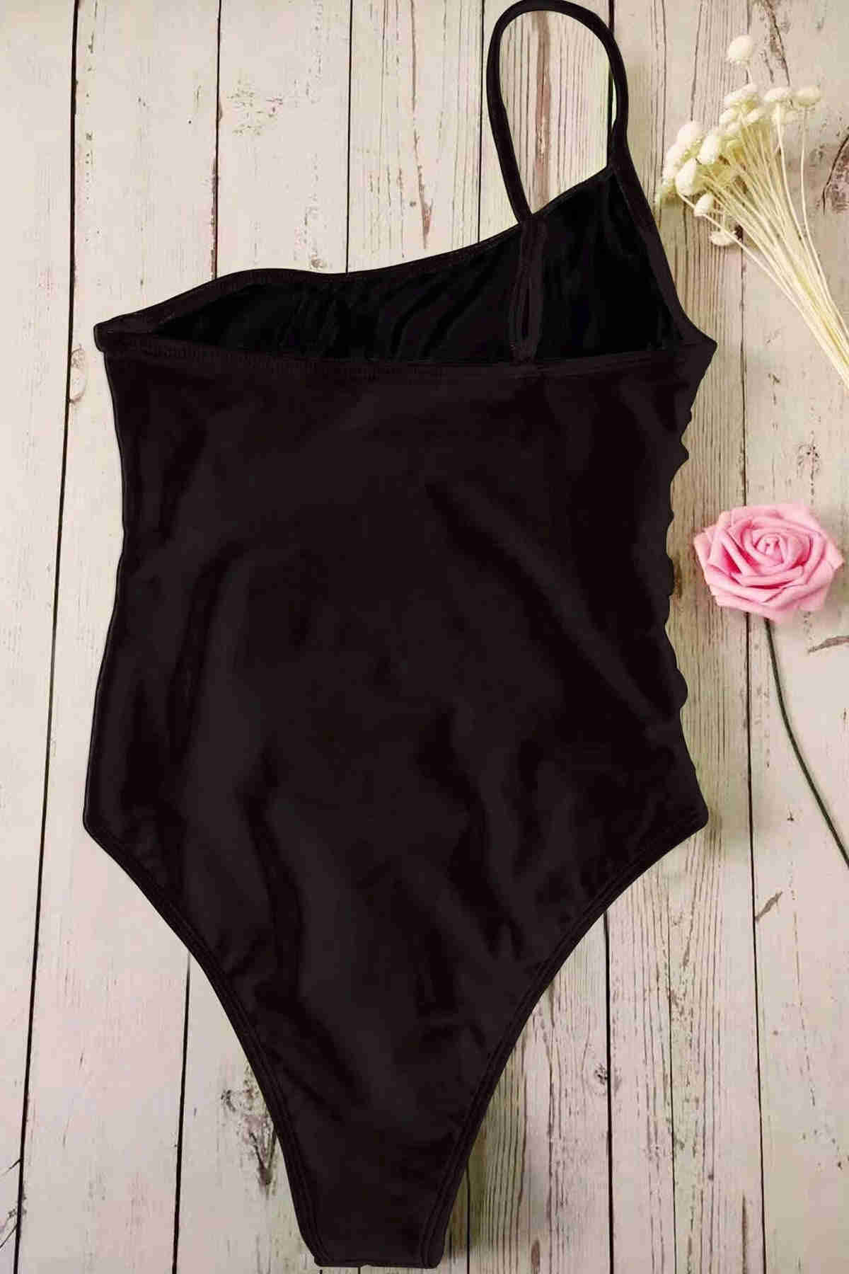 Single Sleeve Front Complete Ruffle Swimsuit Swimsuit Black Piamoda