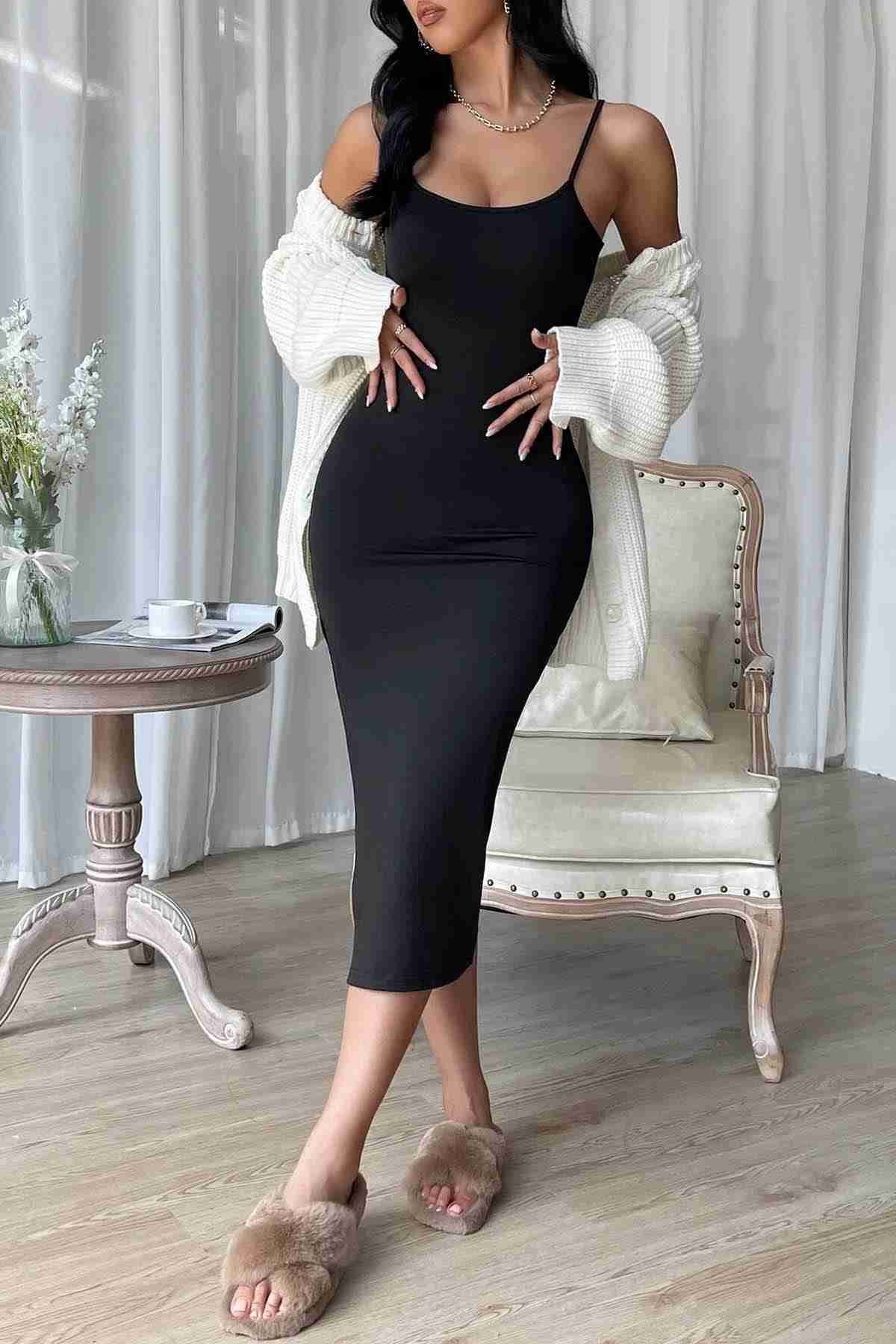 Strappy Knitted Slit Slit Midi Knee-Length Dress Black