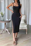 Strappy Knitted Slit Slit Midi Knee-Length Dress Black